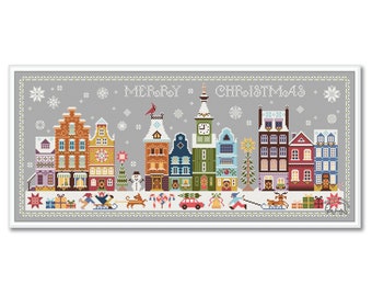 Christmas Town Cross Stitch Sampler, Primitive Winter House Pattern PDF,  Merry Christmas Sampler