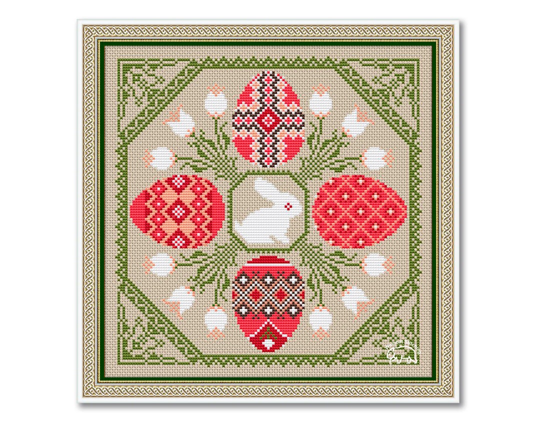 Happy Easter Cross Stitch Pattern: Spring Rabbit and Eggs Sampler for ...