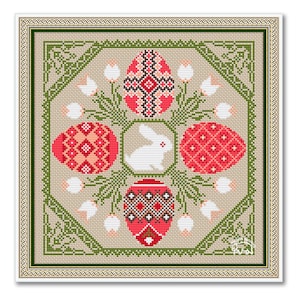 Peut inclure: Un motif de point de croix représentant un lapin blanc entouré de quatre œufs de Pâques rouges, roses et noirs aux motifs géométriques. Les œufs sont entourés de feuilles vertes et de fleurs blanches.