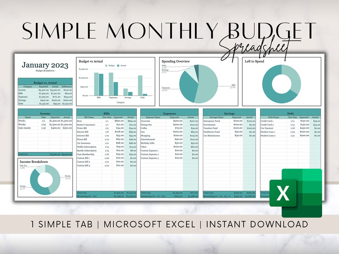 Excel Budget Spreadsheet Simple Excel Monthly Budget - Etsy