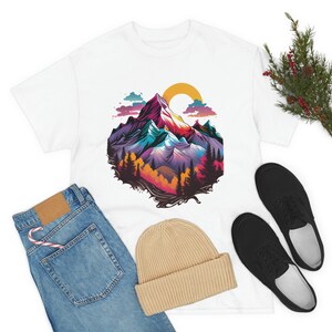 Vibrant Mountain Art T-Shirt - White, Mountain Lover Gift, Outdoor Gift, Hiker Gift, Mountain Shirt, Wanderlust Gift