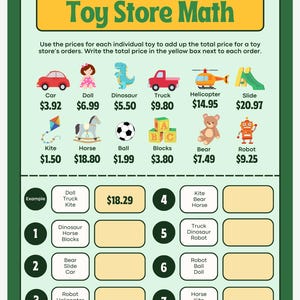 Toy Store Math Worksheet | Fun Money Math Activity for Kids | Add Coins ...