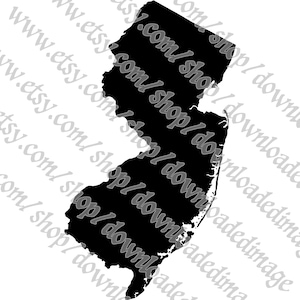 Puede incluir: Una silueta en blanco y negro del estado de Nueva Jersey.