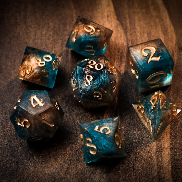 Golden Tides DnD Dice Set -  handmade sharp edge resin dice, great gift for Dungeons and Dragons, Pathfinder, D&D and other TTRPGs,