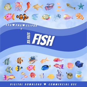 魚の水彩画 SVG PNG クリップアート バンドル ファイル、クリカット用、海メガパック、シルエット、池のデザイン、水族館昇華、海、デジタル ダウンロード
