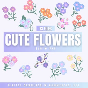 Cute flowers pastel watercolor SVG PNG clipart bundle for cricut silhouette floral nature design file sublimation spring digital download
