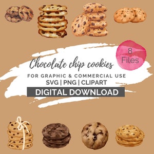 May include: Eight watercolour illustrations of chocolate chip cookies. The cookies are arranged in different stacks and positions. The image includes the text "8 Files" and "Chocolate chip cookies" with the tagline "FOR GRAPHIC & COMMERCIAL USE SVG | PNG | CLIPART DIGITAL DOWNLOAD".