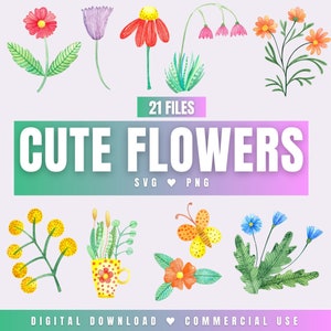 Cute flowers watercolor SVG PNG clipart bundle for cricut silhouette floral nature design file sublimation spring digital download