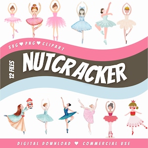 Puede incluir: Un conjunto de 12 archivos digitales con ilustraciones de acuarela de bailarinas en varias poses, vestidas con tutús rosas, azules y blancos. Las ilustraciones son perfectas para proyectos de manualidades, scrapbooking y diseño digital. El texto "12 ARCHIVOS" y "CASCANUECES" está incluido en la imagen.