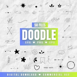 May include: A set of 50 black and white doodle illustrations, including arrows, stars, hearts, flowers, swirls, and other decorative elements. The text "50 FILES DOODLE SVG PNG EPS" is displayed in a colorful box.