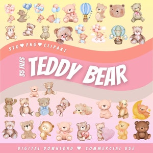 Teddy bear watercolor SVG PNG clipart bundle files for cricut cute silhouette baby bear design file sublimation animal digital download