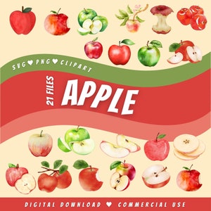 Apple aquarela SVG PNG arquivos de pacote de clipart para cricut silhueta de frutas maçã vermelha arquivo de design sublimação download digital de maçã verde