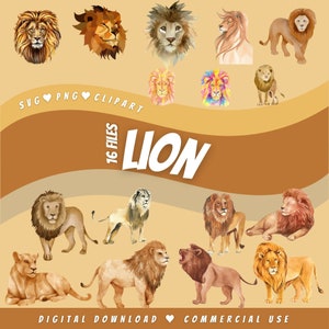 Lion Watercolor SVG PNG Clipart Bundle Files for Cricut Safari Mega ...