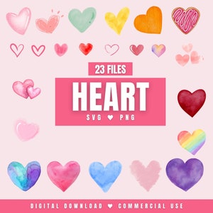 Heart SVG PNG clipart bundle watercolor files for cricut mega love pack silhouette sketch file sublimation hand drawn digital download
