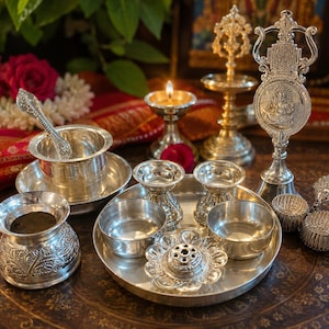 May include: A collection of silver-toned metal ritual items including a small bowl with a spoon, a lidded container with floral engravings, a central tray holding two small bowls and a flower-shaped incense holder, and a tall decorative stand.