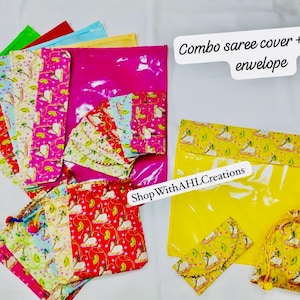 May include: A set of colorful saree covers, potli bags, and envelopes. The covers are made of clear plastic with a floral pattern. The potli bags are made of fabric with a floral pattern. The envelopes are made of clear plastic with a floral pattern. The text "Combo saree cover + potli + envelope" is visible in the image. The text "Shop With AHL Creations" is also visible in the image.