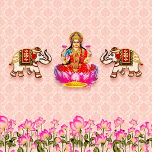 May include: A decorative wall art piece featuring a central figure of the goddess Lakshmi seated on a pink lotus flower, flanked by two white elephants with red and gold decorative blankets, set against a light pink patterned background.