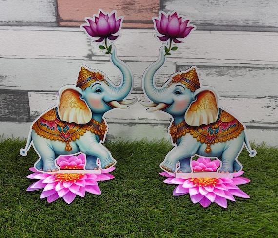 Elephant Lotus Pair Cutouts | Pichwai Cow Set With Banana Tree