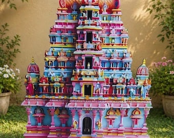 May include: A multi-tiered, colorful model of a Hindu temple gopuram featuring intricate architectural details in shades of pink, blue, and yellow. The structure sits on a dark brown, semi-circular base decorated with a white geometric kolam pattern.