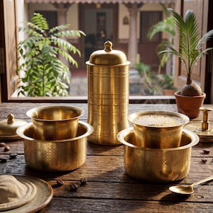 Traditional Brass South Indian Filter Coffee Maker & Davarah Set with Kolam Engraving | Authentic Kaapi Brewer | Indian Housewarming Gift