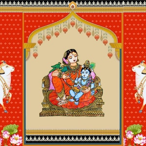 May include: A traditional Indian painting depicting a mother and child, likely Krishna and his mother Yashoda, in a colorful, ornate setting. The painting is framed by a decorative archway and features two white cows on either side.