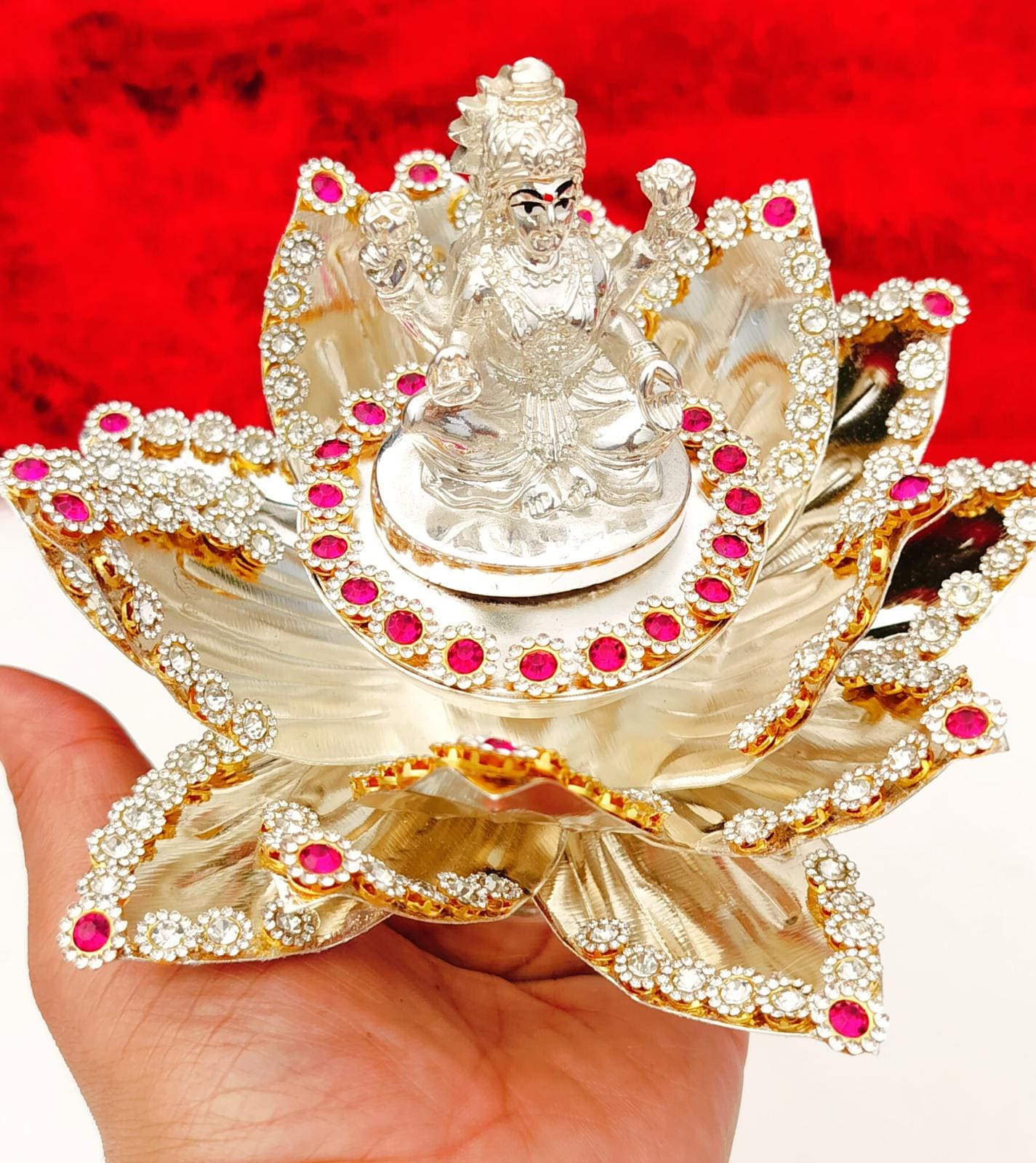 German Silver Lotus With Stone Work , Lakshmi Idol for