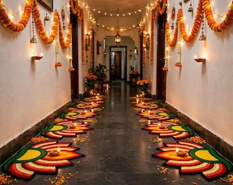 May include: A hallway decorated with orange marigold garlands and string lights. The floor features multiple lotus-shaped rangoli patterns in red, yellow, and green, each centered with a small lit clay diya lamp, creating a warm, illuminated path.