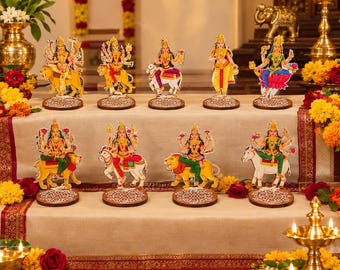 Ashtalakshmi standee | 8 Lakshmi deepam stand | Navdurga and Dashavatharam MDF standee for Navratri Golu | Laminated MDF Decor 4- 6" Height
