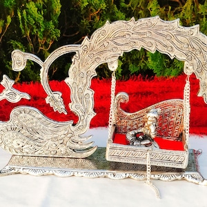 German Silver Krishan Jhula: Peacock Carving, Janmashtami Krishna Swing (12.5" x 9")
