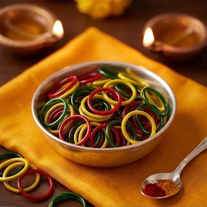 May include: A silver bowl filled with a collection of small, smooth, circular rings in vibrant red, yellow, and green colors. Several additional rings in the same colors are scattered nearby, accompanied by a silver spoon containing spices.