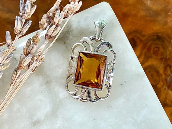 Pendentif Art Nouveau Jugenstil En Argent 835 Et Ambre – Modèle Rectangulaire, Occasion (pièce Unique Vintage)