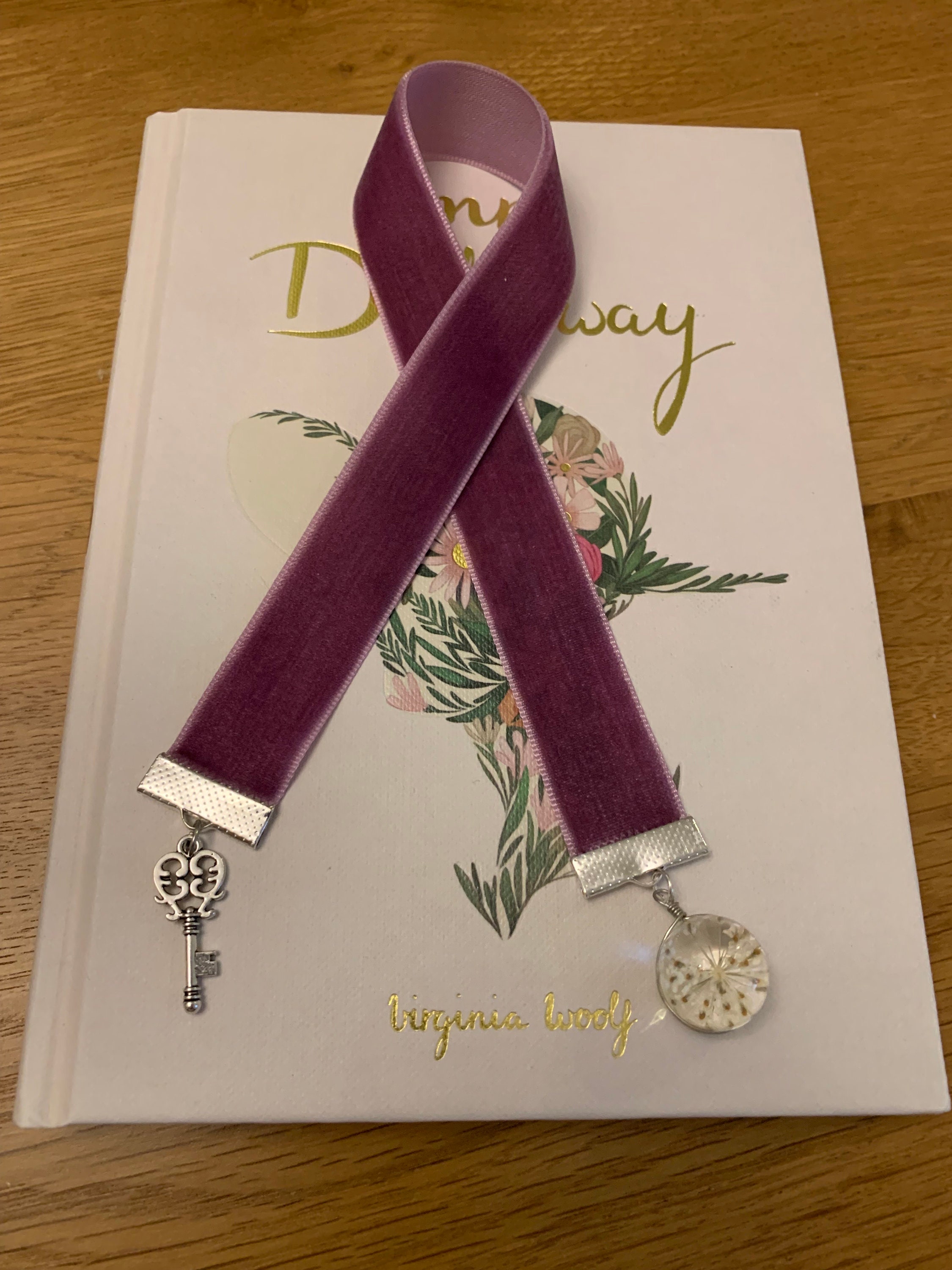 Velvet Ribbon Purple Book Mark With Flower Charm and Key - Etsy UK