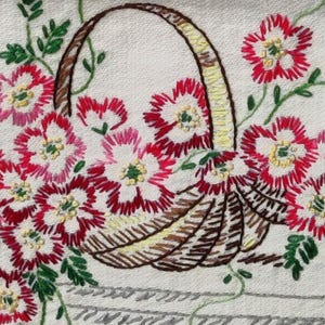 Vintage Hand Embroidered Table Runners/ Dresser Scarves / Flower Basket and Leaves Embroidery
