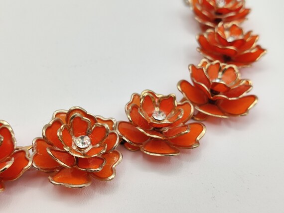 ORANGE Open Petal  Flower Necklace with Rhineston… - image 6