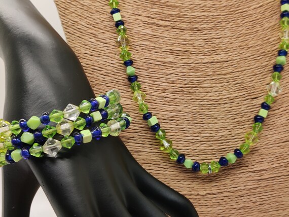 Spring Green and Cobalt Mixed Beaded Necklace and… - image 1