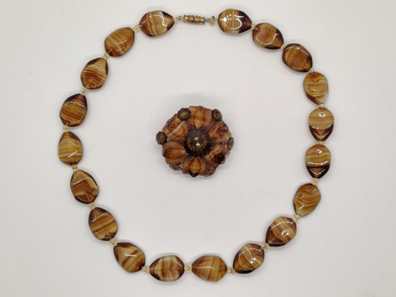 Czech Tiger Eye Glass Necklace and Brooch Set - image 1