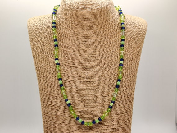 Spring Green and Cobalt Mixed Beaded Necklace and… - image 2