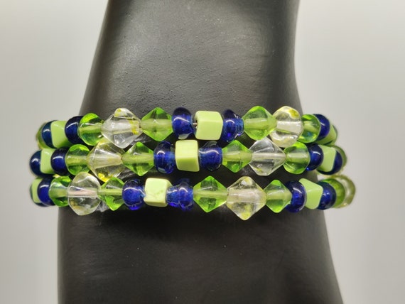 Spring Green and Cobalt Mixed Beaded Necklace and… - image 4