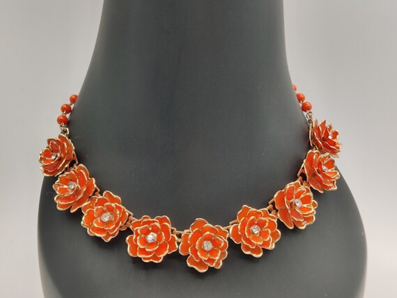 ORANGE Open Petal  Flower Necklace with Rhineston… - image 3