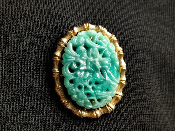 CARVED faux Jade and Gold  signed GERRYS Pendant/… - image 1