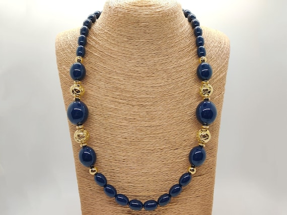 Navy and Gold Beaded Necklace - image 1