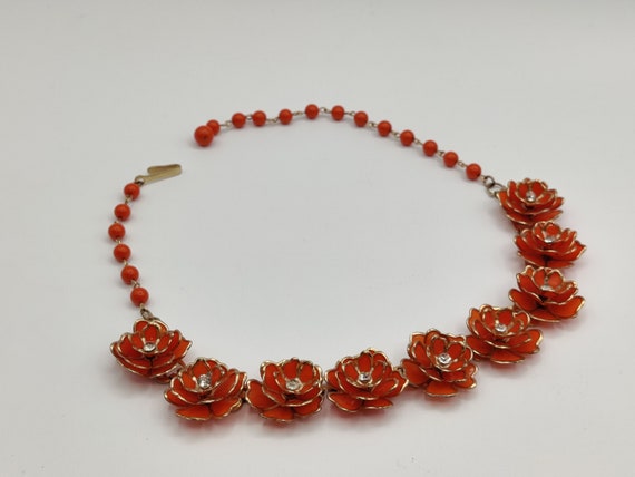 ORANGE Open Petal  Flower Necklace with Rhineston… - image 5