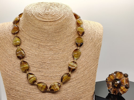 Czech Tiger Eye Glass Necklace and Brooch Set - image 4