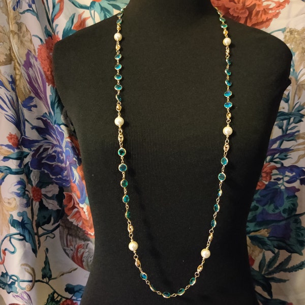 Long Gold Station Necklace. Aqua and Pearl.