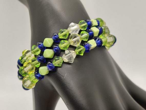 Spring Green and Cobalt Mixed Beaded Necklace and… - image 6