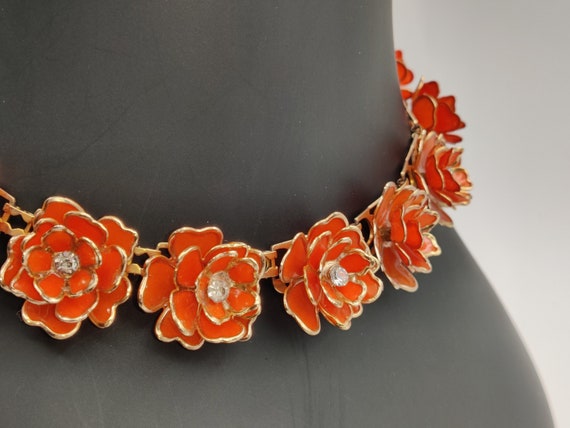 ORANGE Open Petal  Flower Necklace with Rhineston… - image 1