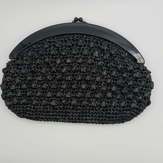 Black Straw Kiss Lock Hand Bag