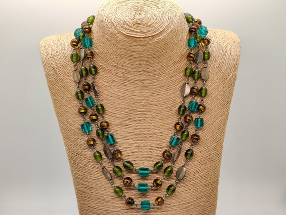 Triple-Strand Multi Art Glass Bead Necklace