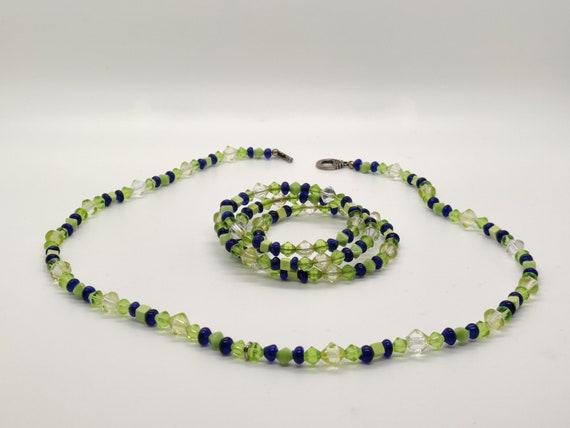 Spring Green and Cobalt Mixed Beaded Necklace and… - image 9