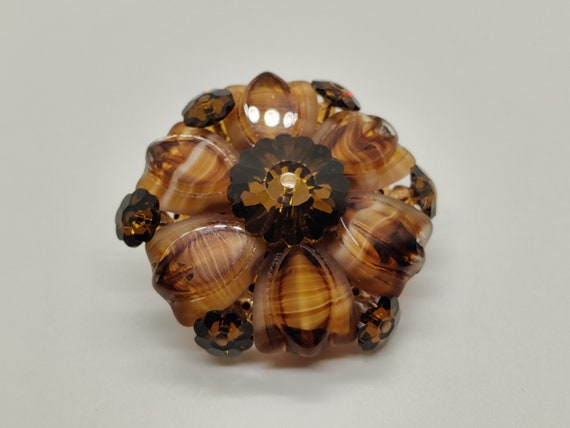 Czech Tiger Eye Glass Necklace and Brooch Set - image 2